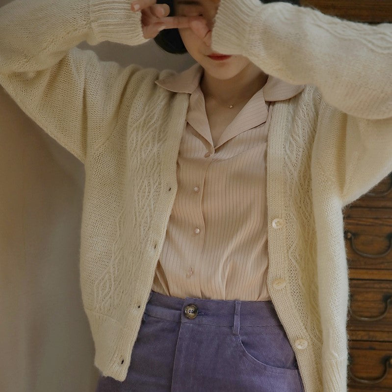 Cozy Aran Pattern Mohair Cardigan for Y2K Aesthetic and Soft Girl Style