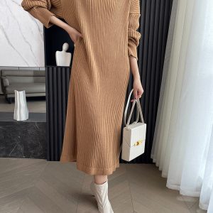 Cozy Casual Hooded Knitted Long Dress for Y2K Aesthetic and Comfy Style Lovers