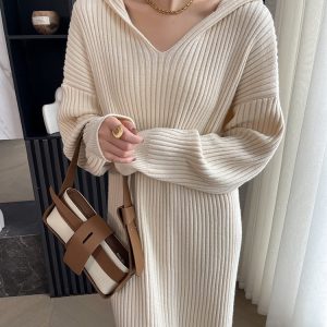 Cozy Casual Hooded Knitted Long Dress for Y2K Aesthetic and Comfy Style Lovers