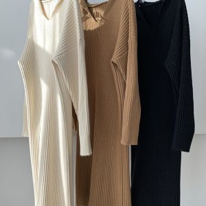 Cozy Casual Hooded Knitted Long Dress for Y2K Aesthetic and Comfy Style Lovers