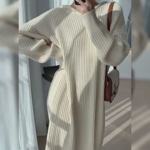 Cozy Casual Hooded Knitted Long Dress for Y2K Aesthetic and Comfy Style Lovers