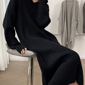 Cozy Casual Hooded Knitted Long Dress for Y2K Aesthetic and Comfy Style Lovers