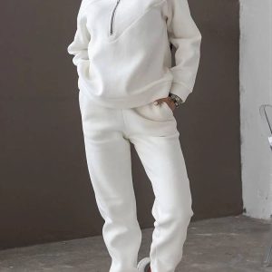 Cozy Casual Hooded Sweatshirt & Fleece Sweatpants Set - Y2K Aesthetic Fall Outfit