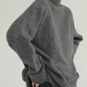 Cozy Casual Loose Long Sleeve High-Neck Sweater Top in Solid Color for Y2K Aesthetic