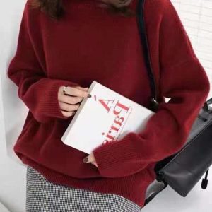 Cozy Casual Loose Long Sleeve High-Neck Sweater Top in Solid Color for Y2K Aesthetic