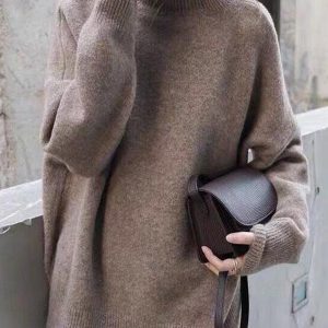 Cozy Casual Loose Long Sleeve High-Neck Sweater Top in Solid Color for Y2K Aesthetic