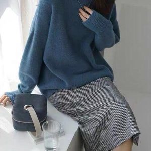 Cozy Casual Loose Long Sleeve High-Neck Sweater Top in Solid Color for Y2K Aesthetic