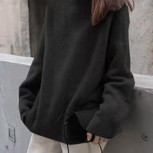 Cozy Casual Loose Long Sleeve High-Neck Sweater Top in Solid Color for Y2K Aesthetic