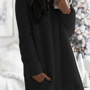 Cozy Crew Neck Pocketed Plush Dress for Y2K Aesthetic and Comfy Style Lovers