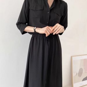 Cozy Drawstring Lapel Waist Dress for Effortless Y2K Style and Comfy Aesthetic Outfits