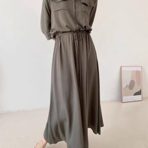 Cozy Drawstring Lapel Waist Dress for Effortless Y2K Style and Comfy Aesthetic Outfits