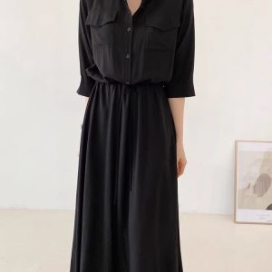 Cozy Drawstring Lapel Waist Dress for Effortless Y2K Style and Comfy Aesthetic Outfits