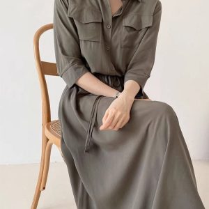 Cozy Drawstring Lapel Waist Dress for Effortless Y2K Style and Comfy Aesthetic Outfits