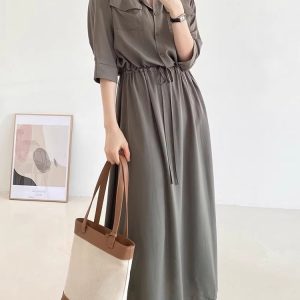 Cozy Drawstring Lapel Waist Dress for Effortless Y2K Style and Comfy Aesthetic Outfits