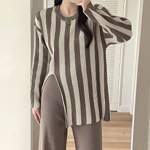 Cozy Knitted Side Slits Sweater & High Waist Long Pants Set - Y2K Fashion 2 Piece Outfit