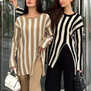 Cozy Knitted Side Slits Sweater & High Waist Long Pants Set - Y2K Fashion 2 Piece Outfit