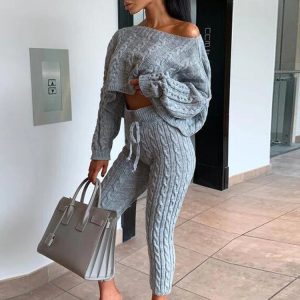 Cozy Knitted Sweater Set: Long Sleeve Top & High Waist Pants for Y2K Aesthetic Fall Fashion