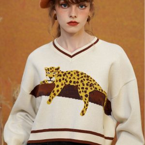 Cozy Leopard Knit Sweatshirt for Y2K Aesthetic and Comfy Casual Outfits