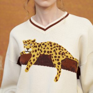 Cozy Leopard Knit Sweatshirt for Y2K Aesthetic and Comfy Casual Outfits