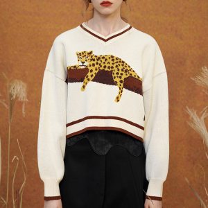 Cozy Leopard Knit Sweatshirt for Y2K Aesthetic and Comfy Casual Outfits