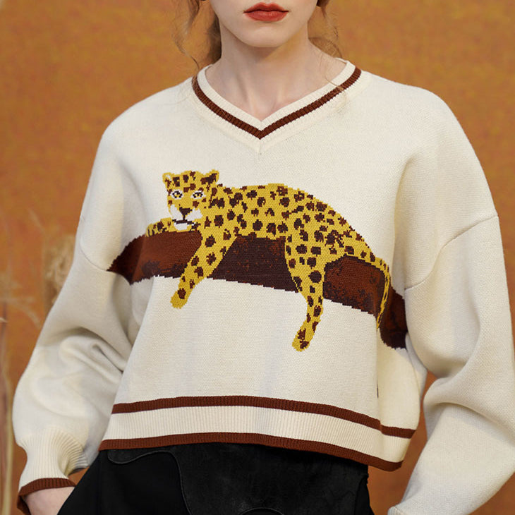 Cozy Leopard Knit Sweatshirt for Y2K Aesthetic and Comfy Casual Outfits