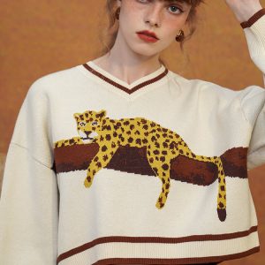 Cozy Leopard Knit Sweatshirt for Y2K Aesthetic and Comfy Casual Outfits