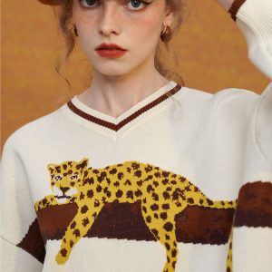 Cozy Leopard Knit Sweatshirt for Y2K Aesthetic and Comfy Casual Outfits