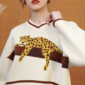 Cozy Leopard Knit Sweatshirt for Y2K Aesthetic and Comfy Casual Outfits