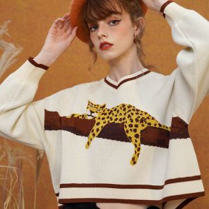 Cozy Leopard Knit Sweatshirt for Y2K Aesthetic and Comfy Casual Outfits