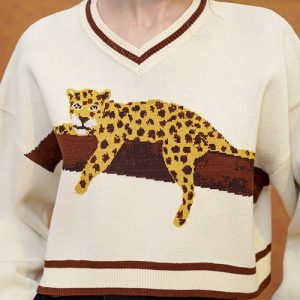 Cozy Leopard Knit Sweatshirt for Y2K Aesthetic and Comfy Casual Outfits