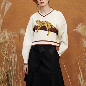 Cozy Leopard Knit Sweatshirt for Y2K Aesthetic and Comfy Casual Outfits