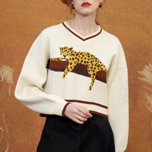 Cozy Leopard Knit Sweatshirt for Y2K Aesthetic and Comfy Casual Outfits