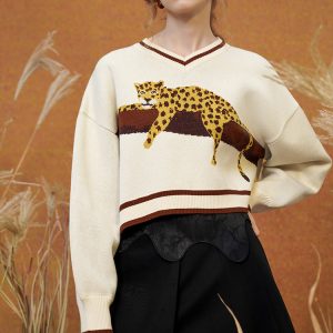 Cozy Leopard Knit Sweatshirt for Y2K Aesthetic and Comfy Casual Outfits