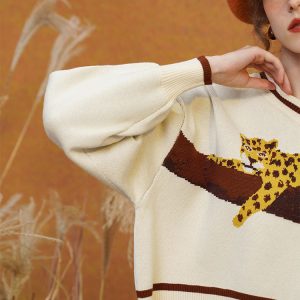 Cozy Leopard Knit Sweatshirt for Y2K Aesthetic and Comfy Casual Outfits