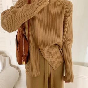 Cozy Loose Buttoned Turtleneck Sweater for Y2K Aesthetic and Grunge Style Outfits