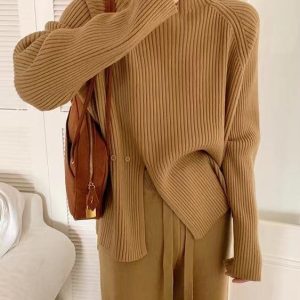 Cozy Loose Buttoned Turtleneck Sweater for Y2K Aesthetic and Grunge Style Outfits