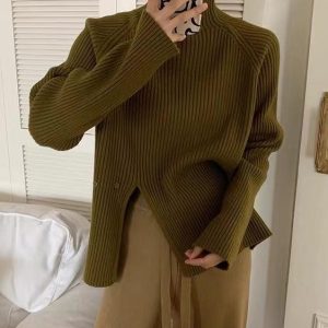 Cozy Loose Buttoned Turtleneck Sweater for Y2K Aesthetic and Grunge Style Outfits