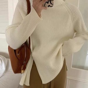 Cozy Loose Buttoned Turtleneck Sweater for Y2K Aesthetic and Grunge Style Outfits