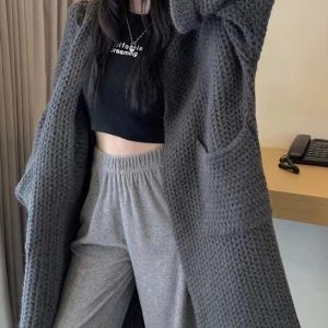 Cozy Loose Knit Long Cardigan for Effortless Y2K Style and Comfy Aesthetic Outfits