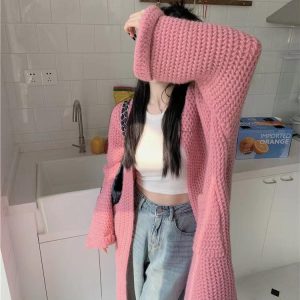 Cozy Loose Knit Long Cardigan for Effortless Y2K Style and Comfy Aesthetic Outfits