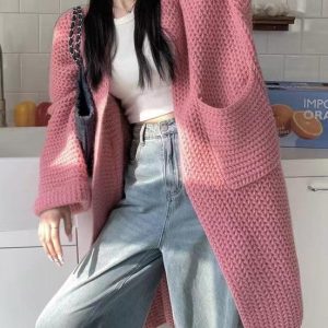 Cozy Loose Knit Long Cardigan for Effortless Y2K Style and Comfy Aesthetic Outfits