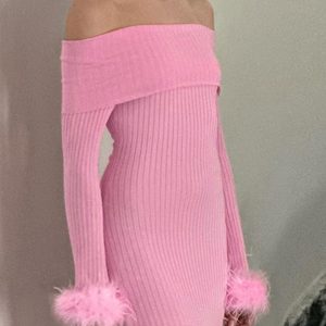 Cozy Off-Shoulder Ribbed Knit Dress with Fuzzy Cuffs for Y2K Aesthetic Style