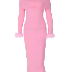 Cozy Off-Shoulder Ribbed Knit Dress with Fuzzy Cuffs for Y2K Aesthetic Style