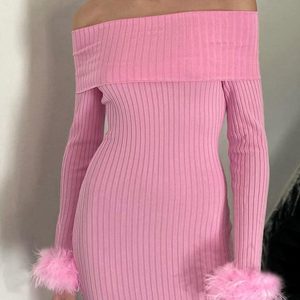 Cozy Off-Shoulder Ribbed Knit Dress with Fuzzy Cuffs for Y2K Aesthetic Style