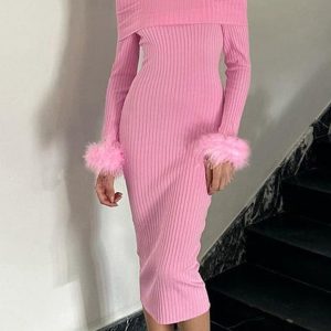 Cozy Off-Shoulder Ribbed Knit Dress with Fuzzy Cuffs for Y2K Aesthetic Style