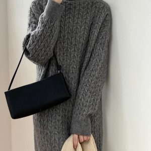 Cozy Retro Knitted Long Dress with Turtleneck and Loose Sleeves - Elegant Women's Knitwear Cover Up