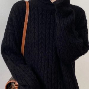 Cozy Retro Knitted Long Dress with Turtleneck and Loose Sleeves - Elegant Women's Knitwear Cover Up