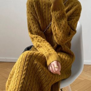 Cozy Retro Knitted Long Dress with Turtleneck and Loose Sleeves - Elegant Women's Knitwear Cover Up