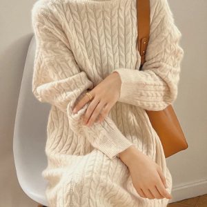 Cozy Retro Knitted Long Dress with Turtleneck and Loose Sleeves - Elegant Women's Knitwear Cover Up