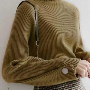 Cozy Solid Color High-Neck Sweater for Y2K Fashion and Aesthetic Outfits